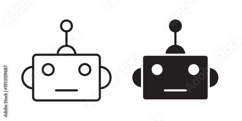 Robot head icon designed in black stroke and fill styles, isolated on a white background. Ideal for AI, automation, and technology concepts.