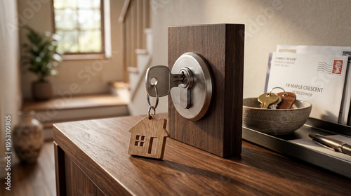 A close-up of a house key with a wooden home keychain, inserted into a modern door lock, symbolizing property ownership.