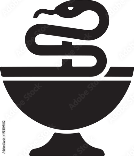 Bowl of Hygieia Pharmaceutical. black icon drawing vector