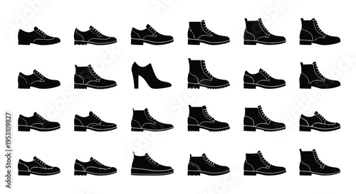 A diverse collection of stylish footwear options displayed in black and white silhouette form