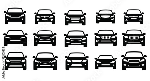 Collection of twelve stylish black silhouette cars displayed in a grid formation