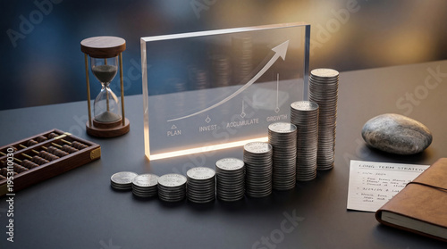 Financial growth visualization featuring stacked coins, abacus, and an hourglass symbolizing investment strategy timeline