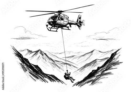 Helicopter rescue operation in rugged mountains with a person suspended by a cable