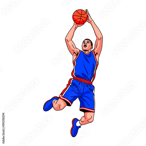 Dynamic Basketball Player Mid-Air Jump Shot Action.