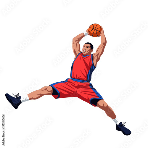 Dynamic basketball player performing a powerful slam dunk in mid-air.
