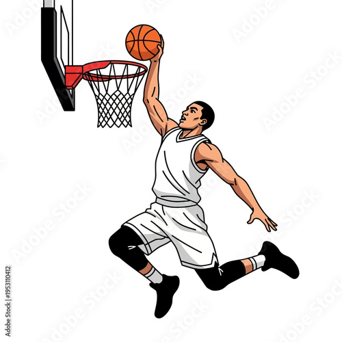 Dynamic basketball player performing a powerful slam dunk during an intense game.