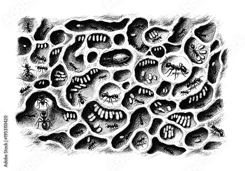 Detailed illustration of an ant colony's intricate underground nest structure with ants and larvae