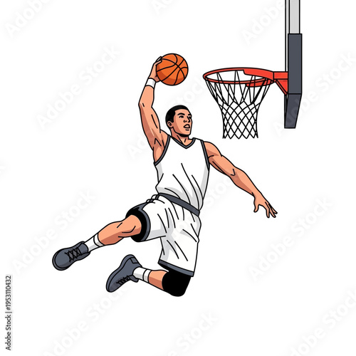 Dynamic basketball player performs a powerful slam dunk during an intense game.