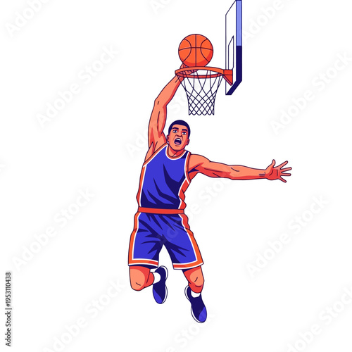 Dynamic basketball player performing a powerful slam dunk.