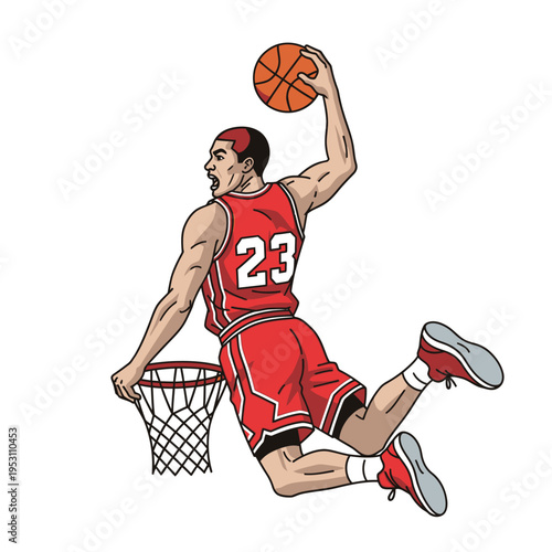 Dynamic Basketball Player Slam Dunking with Intense Focus and Athleticism.