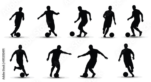 Dynamic soccer player sequences in various action poses with a ball