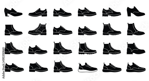 Diverse collection of stylish athletic and casual footwear silhouettes in black and white
