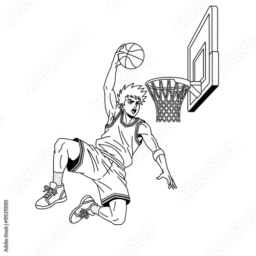 Dynamic illustration of a male basketball player performing a powerful slam dunk.