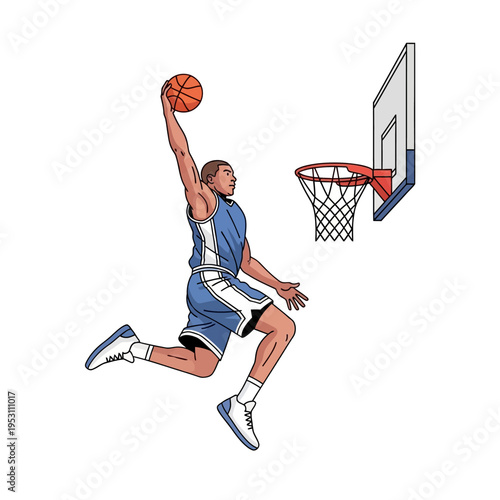Dynamic illustration of a male basketball player performing a powerful slam dunk.