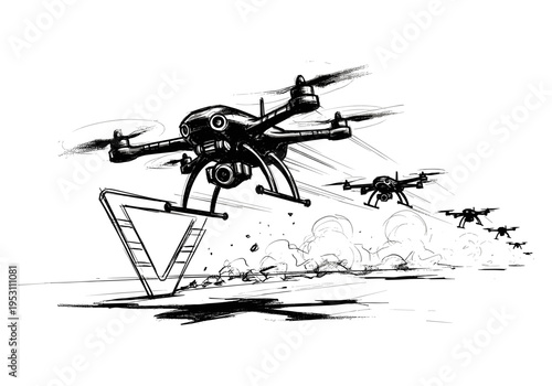 Multiple drones flying in formation over a landscape with smoke and debris