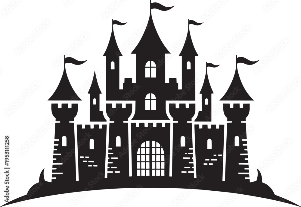 Obraz premium Silhouette of a Medieval Gothic Castle with Multiple Towers, Pointed Turrets, and Waving Top Flags.