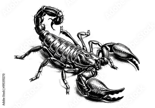 Detailed black and white illustration of a scorpion with its tail curled and claws raised