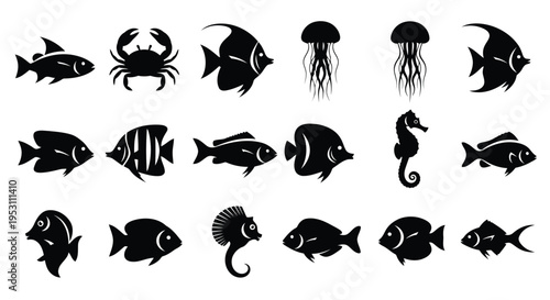Collection of diverse black and white sea creature icons featuring fish, crustaceans, and cephalopods