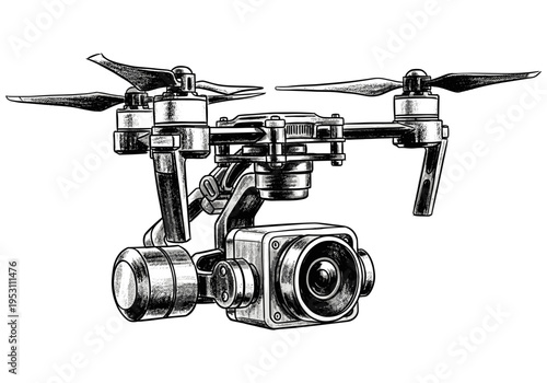 Detailed illustration of a modern quadcopter drone with a gimbal-mounted camera
