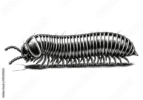 Detailed black and white illustration of a millipede with many legs and segmented body