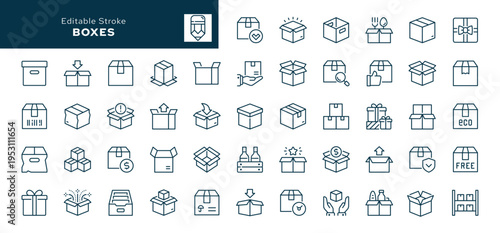 Box and packaging. Set of outline icons. Cargo, package, open and closed box, crumpled box, cardboard and paper box, delivery, pack box and more. Line icon in linear style. Vector collection