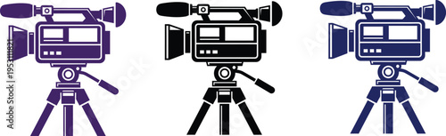 Silhouette of three film cameras on tripods in purple black and blue