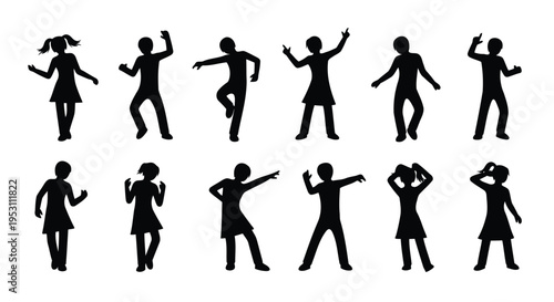 Black silhouette figures in various dynamic dance and movement poses