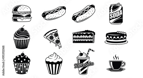 Assorted black and white illustrations of popular food and drink items