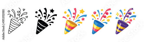 Party poppers shown in four icon stages on dark gradient background