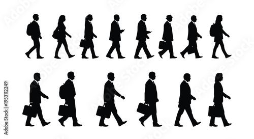 Silhouettes of people walking in different directions and postures on a plain background