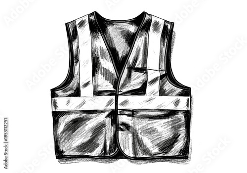 Hand-drawn illustration of a high-visibility safety vest with reflective stripes and pockets