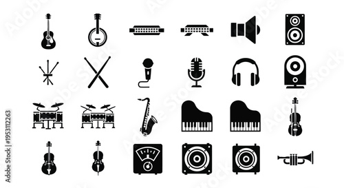 A collection of icons representing various musical instruments and audio equipment