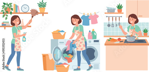 Woman doing household chores and cleaning.