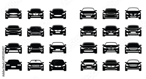 A collection of diverse modern car silhouettes in black and white front views