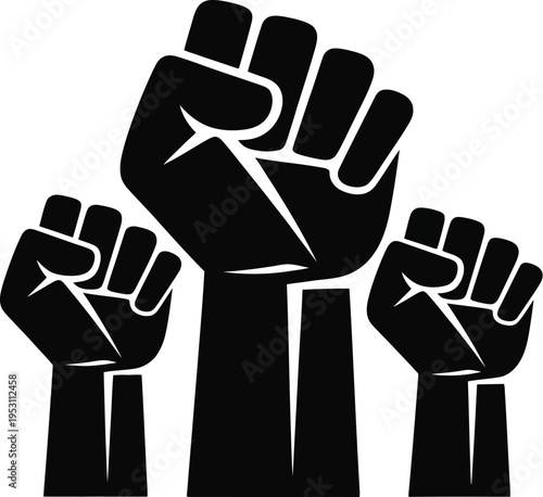 Solidarity fists vector, three raised fists illustration, black white graphic design, protest and social movement symbol, bold minimalist style, centered composition, white background