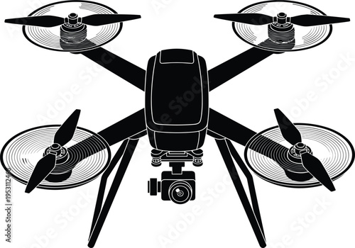 Black and white illustration of quadcopter drone with mounted camera, gimbal system, and landing gear, modern aerial technology design for photography, videography, surveillance, mapping, 