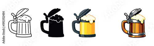 Four lidded beer steins in progression on gray gradient background