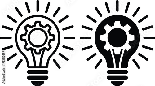 Light bulb gear icons, black white symbols, innovation idea illustration, outline and solid bulbs, starburst rays, minimalist vector design, clean background