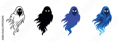 Four wraith illustrations with blue glow on grey gradient background