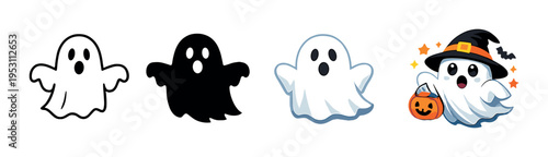 Four ghost illustrations including trick or treat ghost on grey background