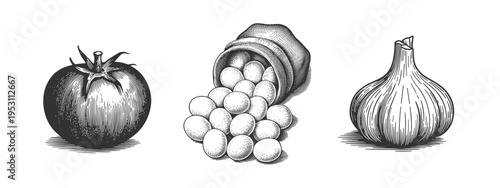 Tomato garlic and spilled peas in a basket