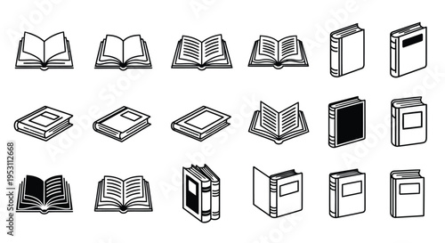 Various illustrations of open and closed books in different styles and orientations