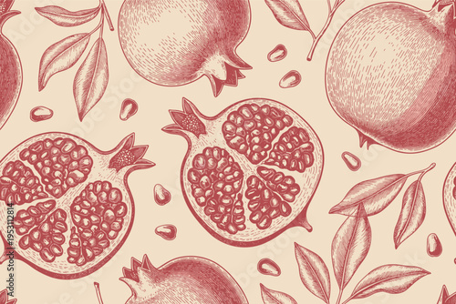 Red pomegranate pattern with leaves and seeds fruit