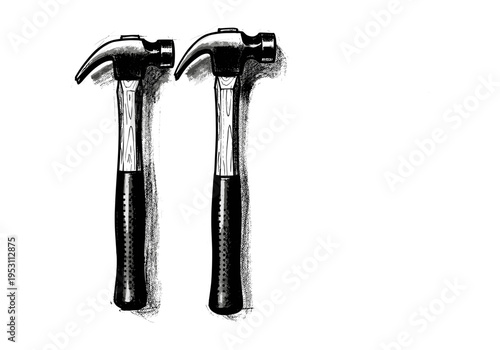 Two black claw hammers with wooden handles are illustrated in a sketch style against a white background
