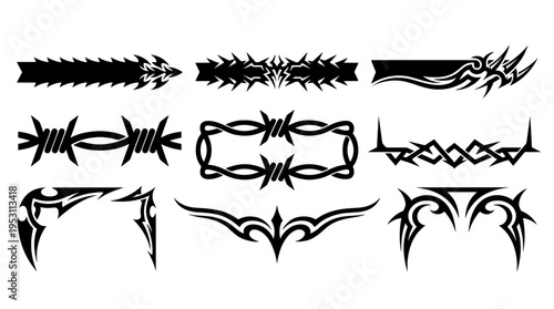 Set of sharp tribal thorn borders, looped barbed wire frames, and spike vector silhouettes. Edgy black y2k gothic graphics for tattoos and car decals