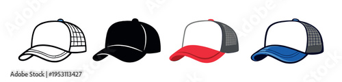 Four trucker caps displayed in row on gray gradient background
