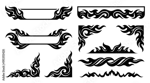 Decorative tribal flame banners, border, and corner silhouettes. Black fire vector graphic elements for text boxes, car decals, and tattoo stencils
