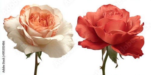 This image showcases two beautiful roses in soft colors. One is white with hints of peach, and the other is a vibrant red. Perfect for nature lovers and floral designs. AI