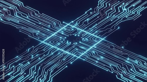 Abstract digital circuit board pattern in neon blue light with interconnected pathways and a central processor