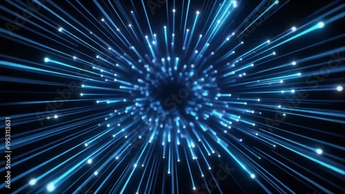 Dynamic blue light particles forming an abstract tunnel, representing high-speed data flow, intricate network connections, and the essence of futuristic digital communication and technology
